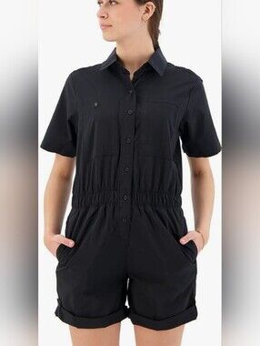 Columbia Black Short-Sleeve Button-Front Jumpsuit